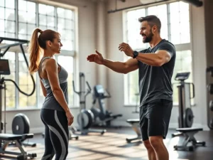 明るいジムで身振りを交えて女性に動きを説明する男性トレーナー。トレーニングのステップアップ