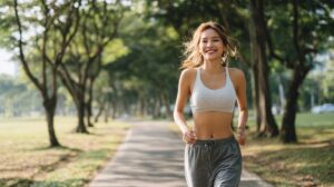 並木道をジョギングする笑顔の女性。ランニングの基本フォームと有酸素運動