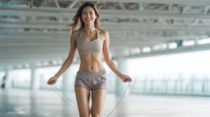 明るい屋内で縄跳びをする笑顔の女性。跳ぶ動作で瞬発力を高めるプライオメトリクス
