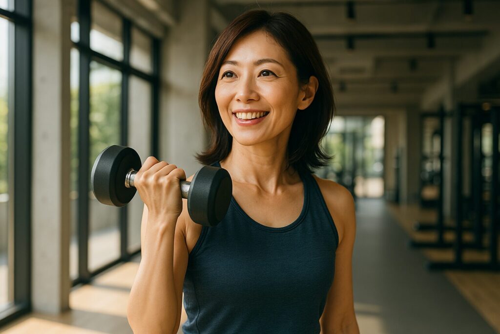 明るいジムでダンベルを持って微笑む女性