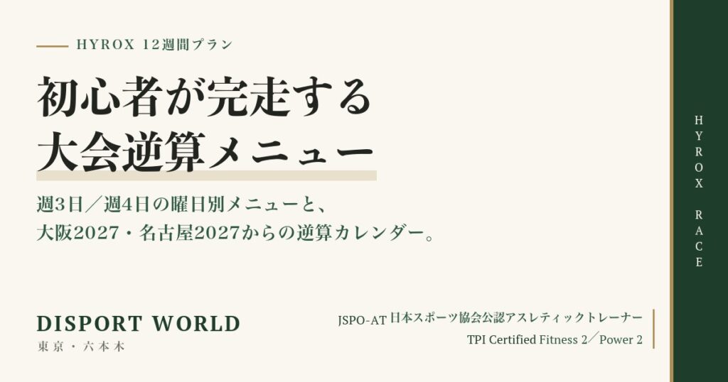 HYROX 12週間トレーニングプラン｜初心者が完走する大会逆算メニュー。週3日／週4日の曜日別メニューと大阪2027・名古屋2027からの逆算カレンダー